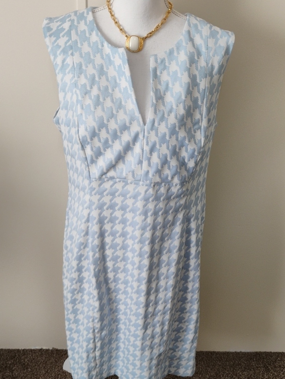 Calvin Klein Light Blue and White Houndstooth Midi Dress